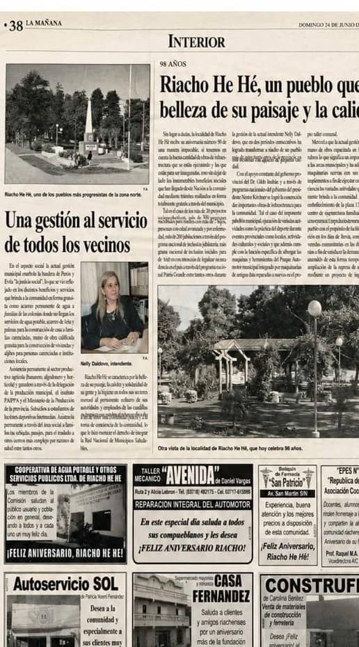 Página interior de Diario La Mañana del 24 de junio de 2007. El titular dice Riacho He Hé, un pueblo que se belleza de su paisaje y la calidez, junto a una nota sobre la gestión municipal y avisos del aniversario.